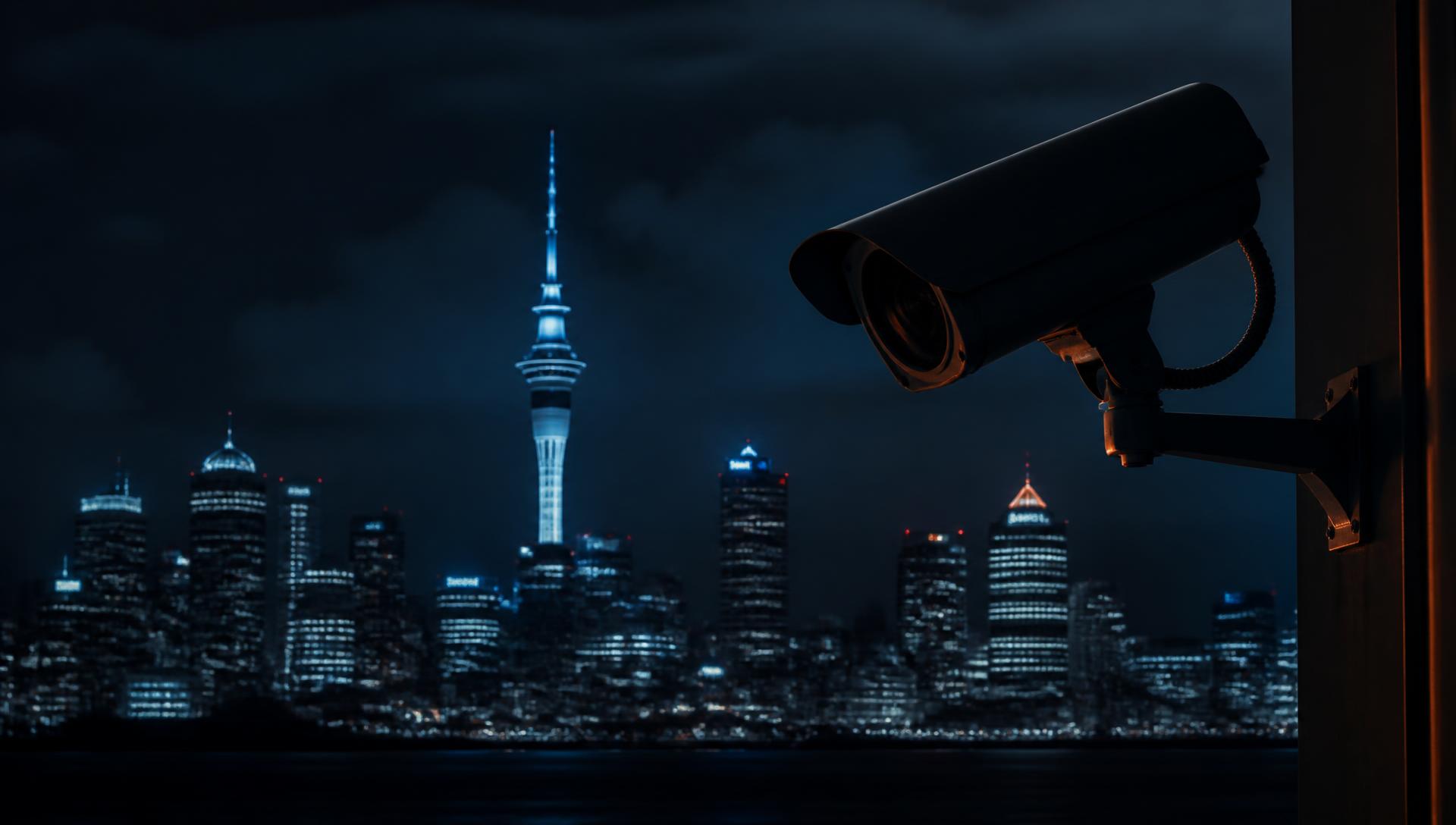 Security camera overlooking the Auckland skyline at night